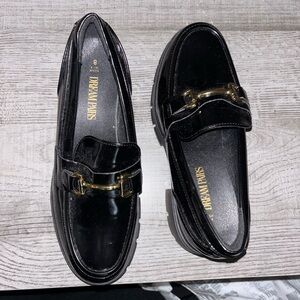 Dream Pairs Shiny Black Loafers with Gold Detail